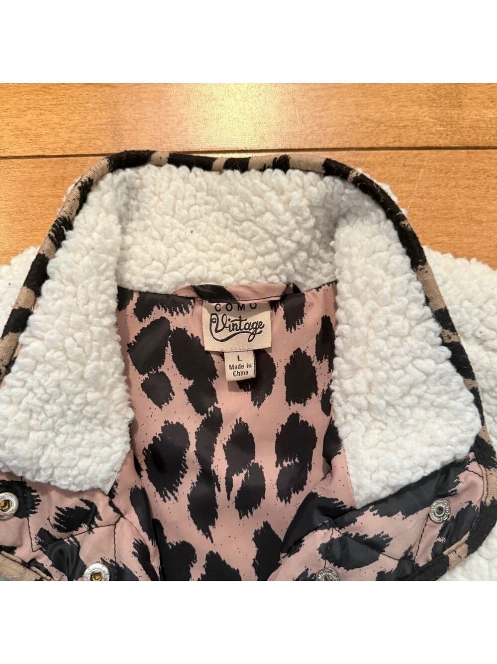 Como Vintage Womens Sherpa Fleece Vest Leopard Print Cream White Size Large Vibe - Picture 2 of 5